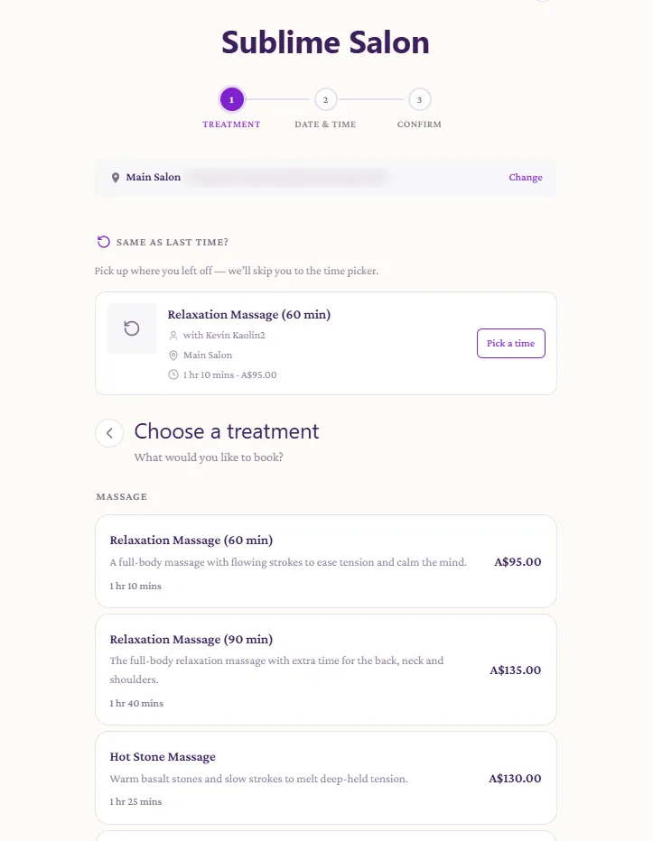 Kaolin’s booking page for a made-up salon, listing massages with their length and price.