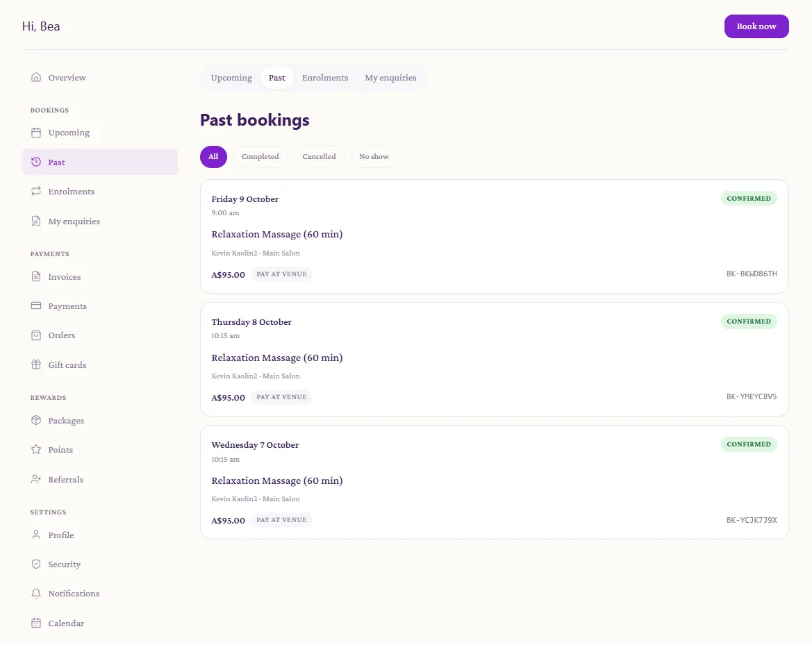 A client’s account at Sublime Salon, listing three past bookings for a 60-minute relaxation massage, each confirmed and paid at the venue. Its menu leads to upcoming bookings, invoices, payments, gift cards, packages, points and referrals.