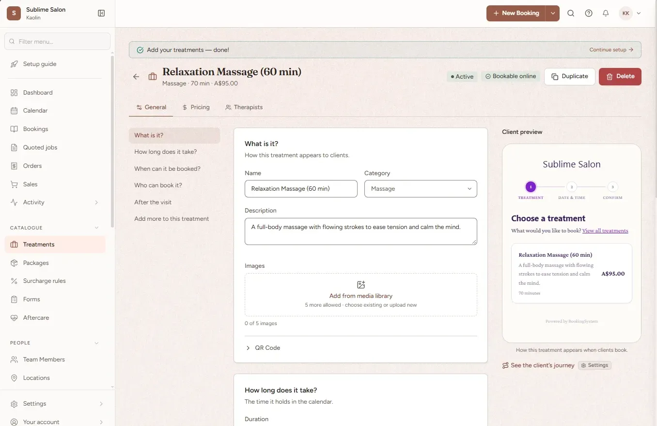 Kaolin’s editor for a 60-minute relaxation massage at Sublime Salon, with its name, category and description, and beside it a preview of the treatment as clients see it on the booking page.