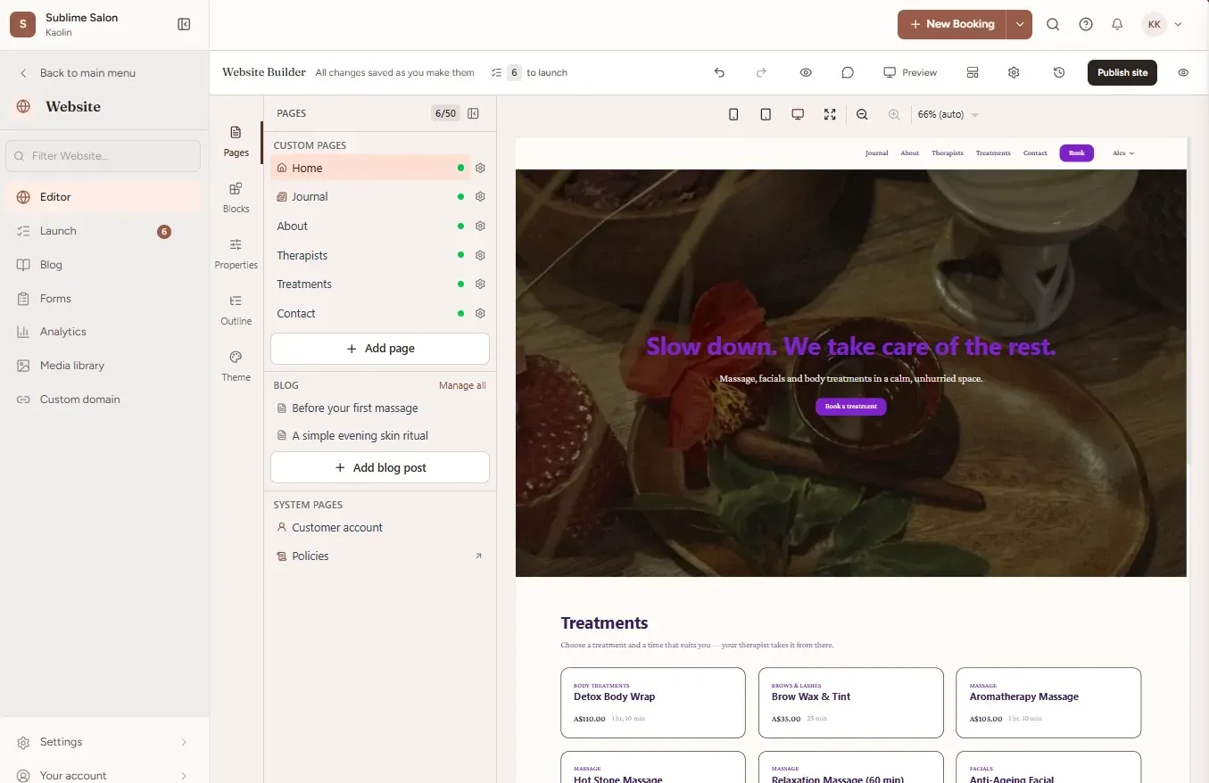 Kaolin’s website builder open on the home page of Sublime Salon’s website, with its pages listed beside a preview: a headline, a button to book a treatment, and treatments with their prices.